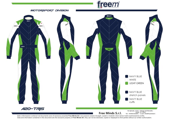 Комбинезон для автоспорта Freem A20 FIA (8856-2018) огнеупорный синий/зелёный/белый р-р 52